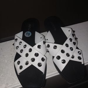 White Silver Studed Strapless Sandals
